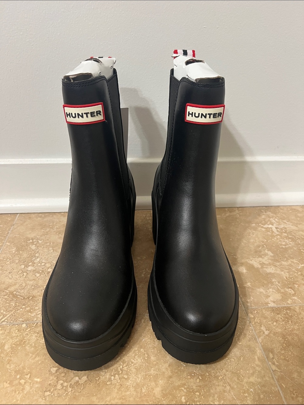 Hunter Black Miana Black Platform Chelsea Boots with Red Logo Accents